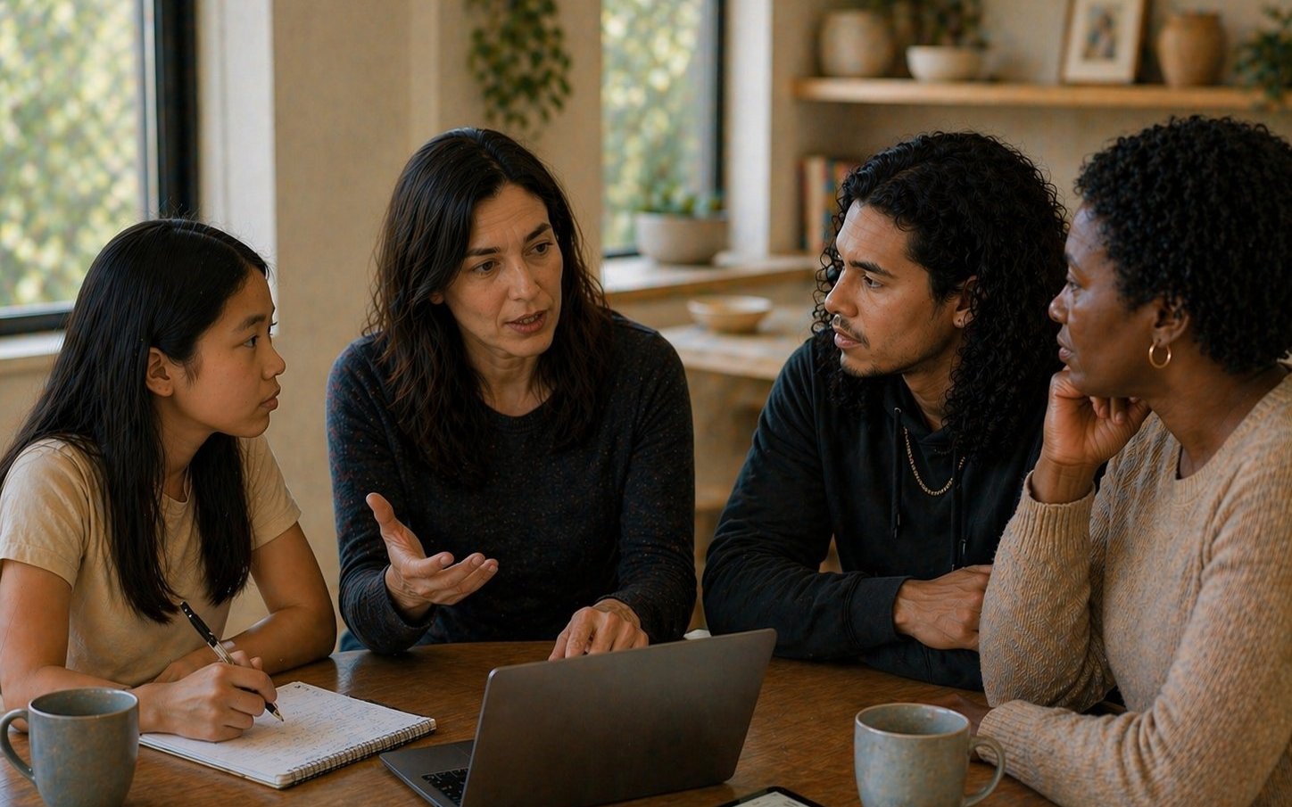 Four people from mixed cultural backgrounds sitting around a kitchen table in warm natural light, listening to each other thoughtfully — one speaking with open hands, another taking notes, a laptop and coffee mugs on the table between them.