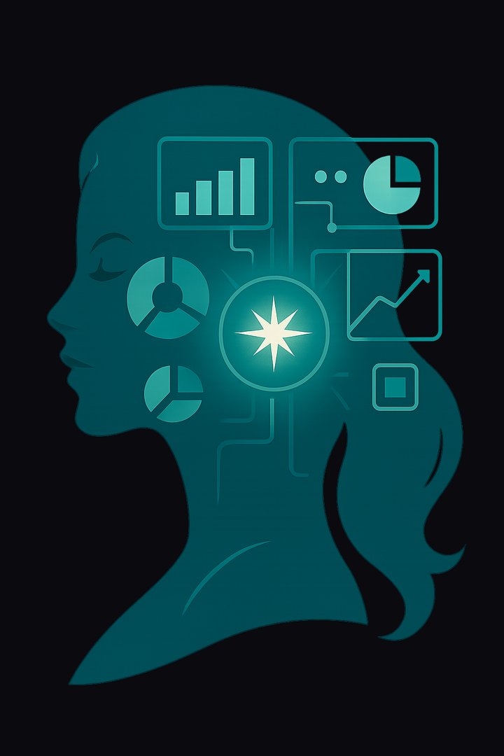 A contemplative profile silhouette in teal, glowing insights and data patterns emerging from within — representing the five forces that shape every human behavior.